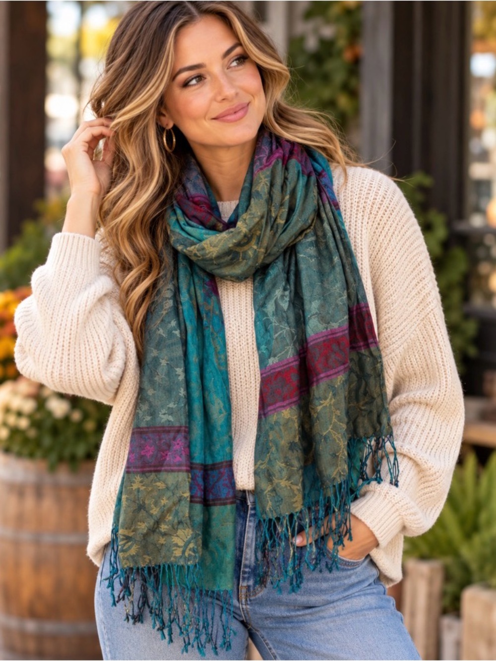 Boho Teal Green Paisley Floral Fringe Scarf Wrap Shawl Multicolor Festival